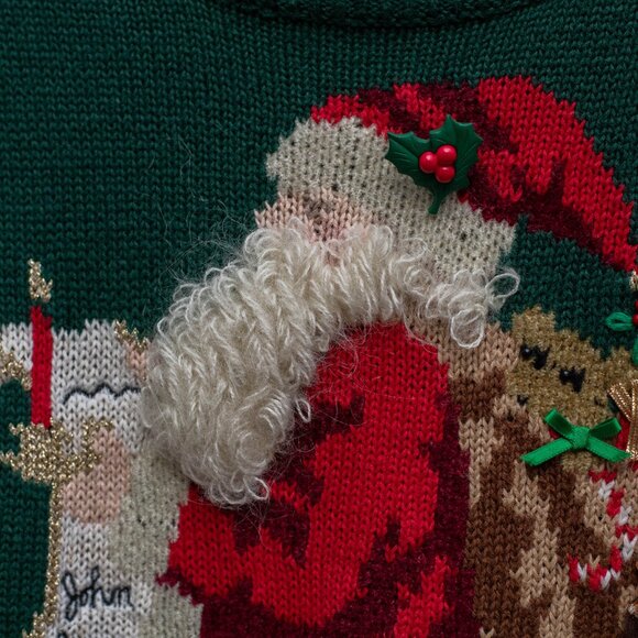 Susan Bristol Christmas Sweater M – Santa Embroidered 90s Green Holiday Knit - Picture 7 of 11
